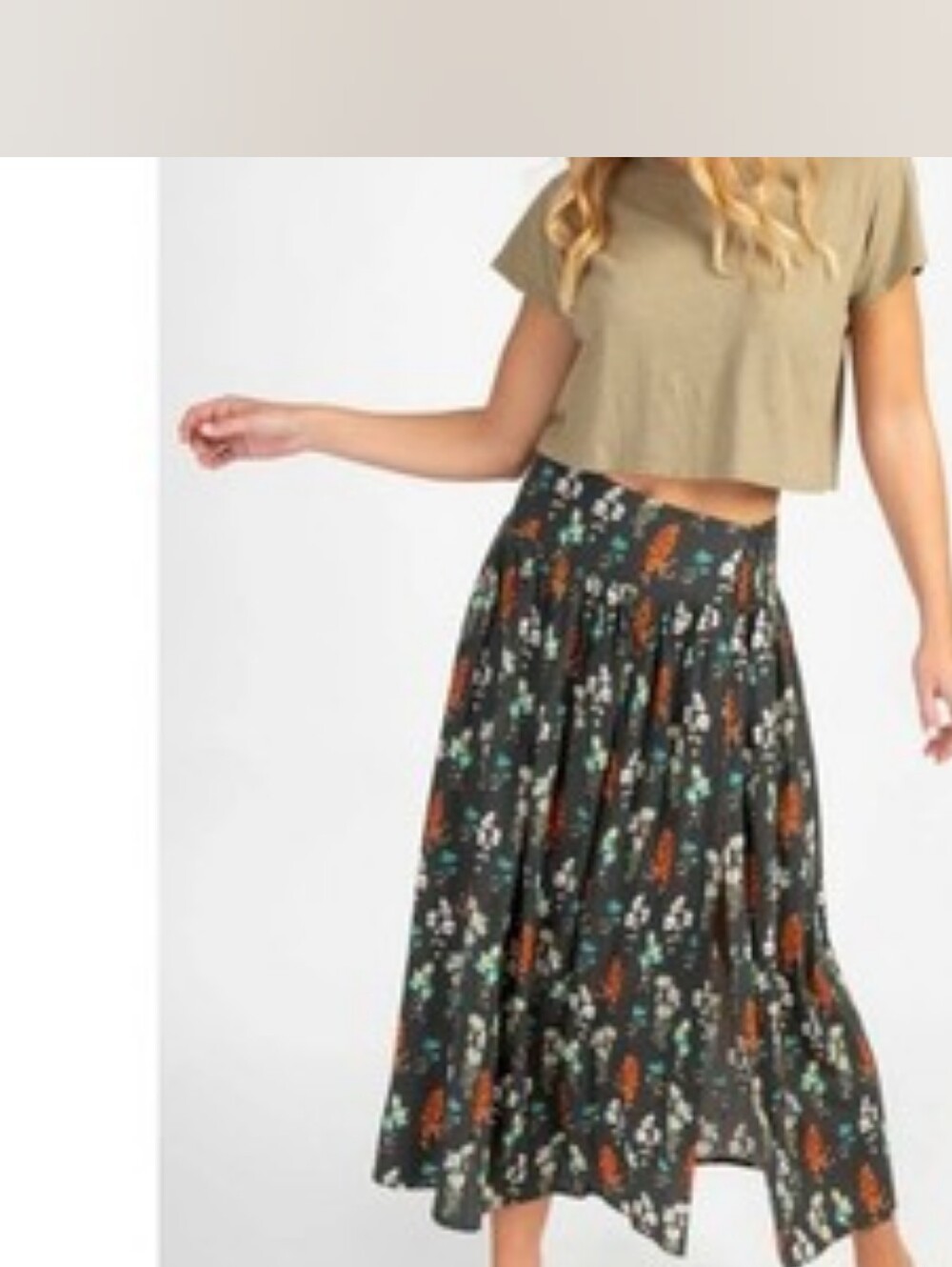 Natural Life Dark Gray Floral Bohemian Maxi Skirt with Smocked Waist Side Split - Picture 2 of 9